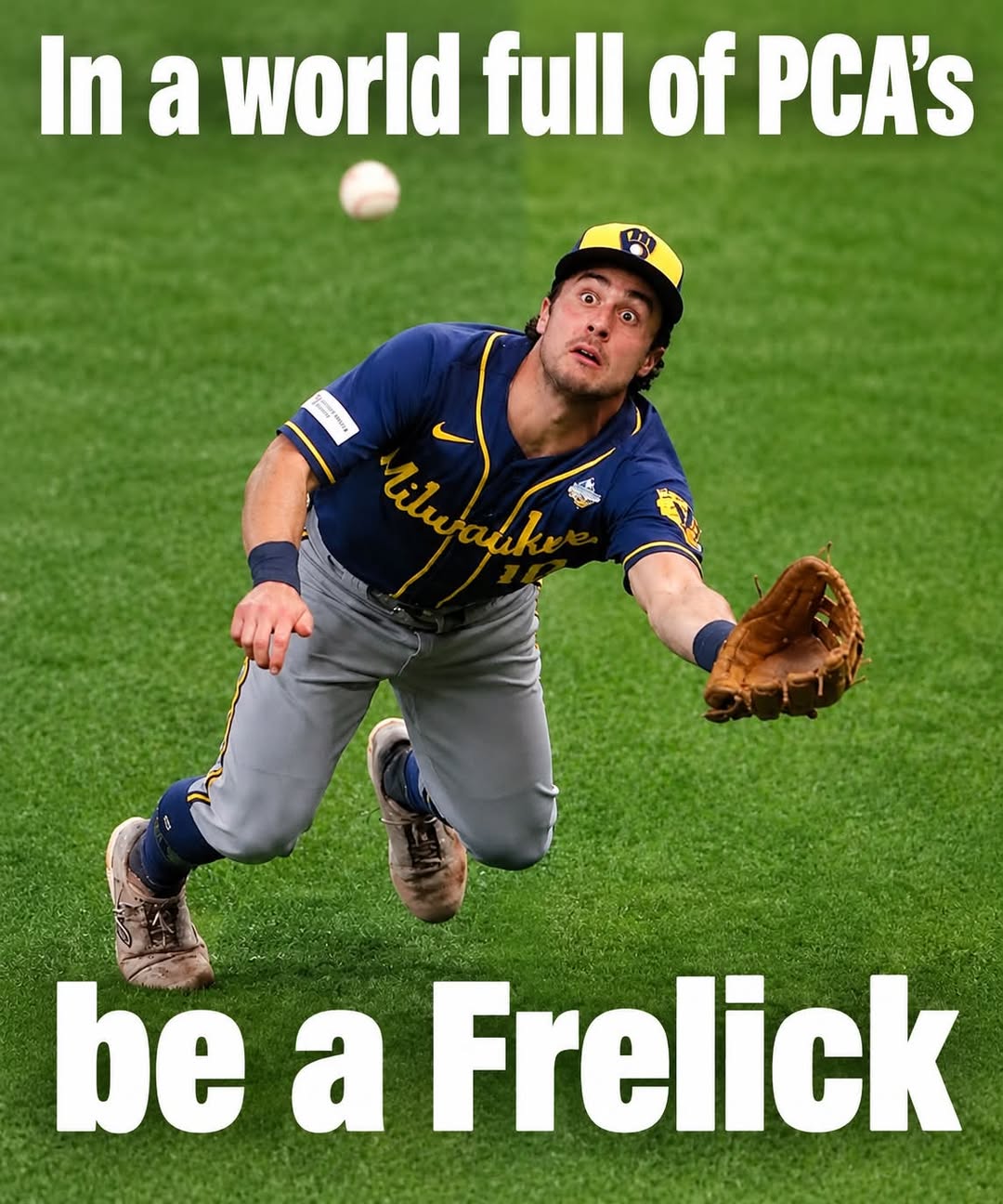 A baseball player diving to catch a ball, with the text 'In a world full of PCA's be a Frelick' overlaid.
