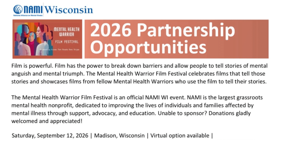 Promotional poster for the Mental Health Warrior Film Festival, highlighting partnership opportunities and event details, including date, location, and nonprofit mission.
