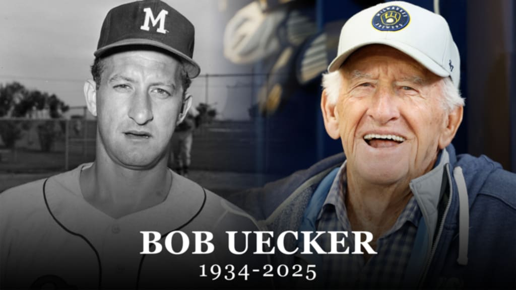 A vintage black and white photo of Bob Uecker as a young baseball player on the left, alongside a color photo of him smiling in his later years on the right, with text displaying his name and years 1934-2025.